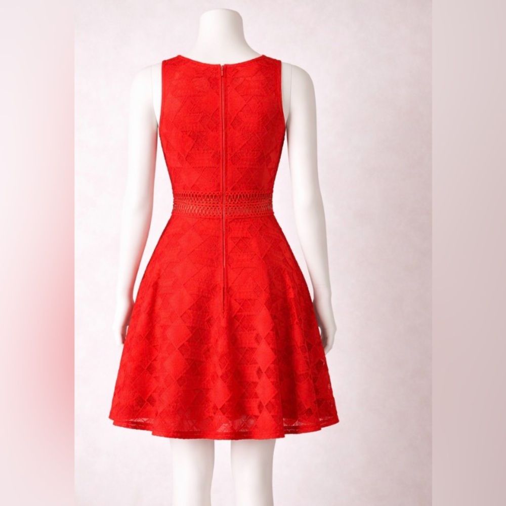Miss Kelly 1999 Red Eyelet Lace Boho Mini Dress Size S Sleeveless Fit & Flare - Picture 4 of 10